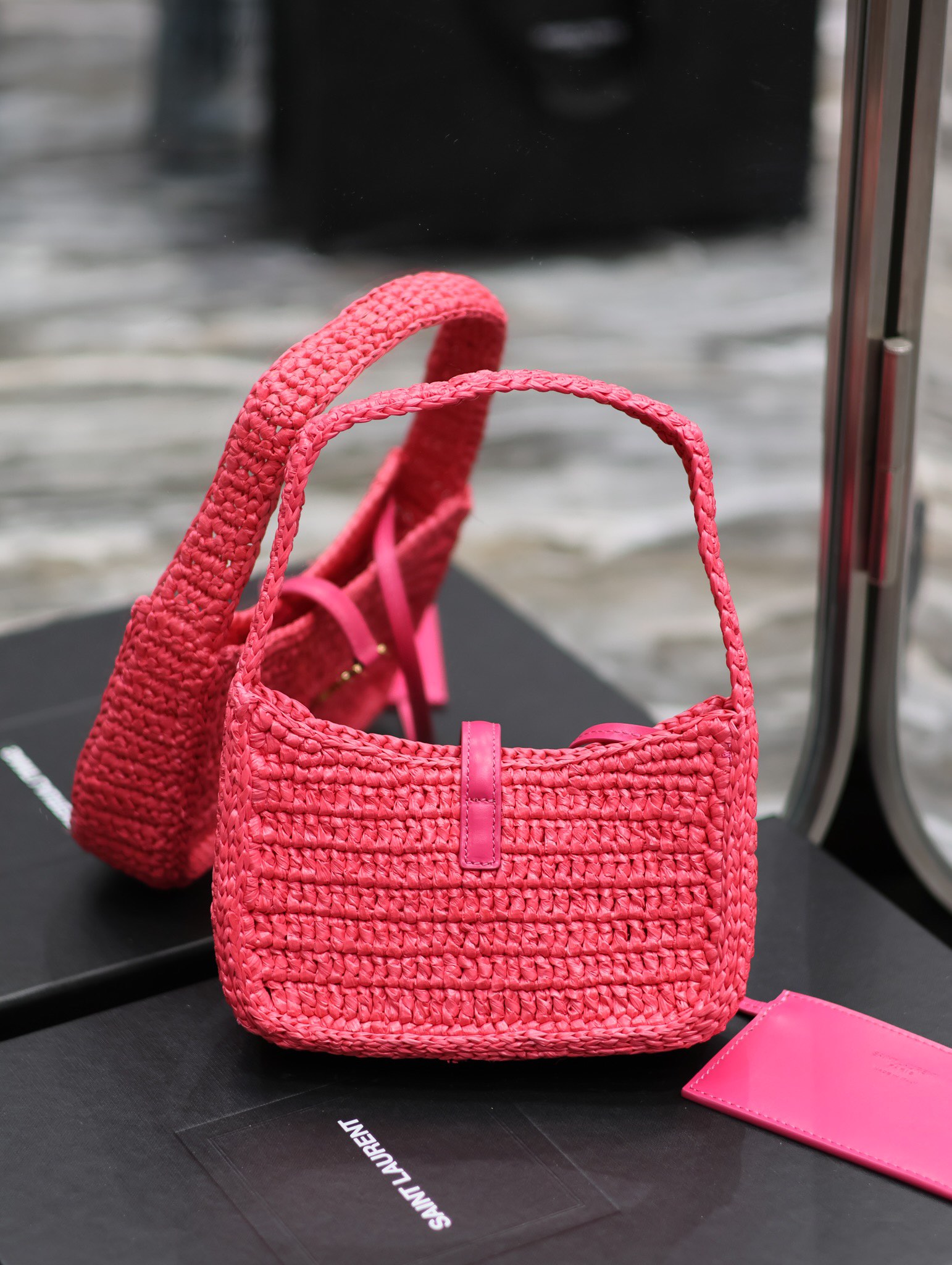 [TOP] Yves Saint Laurent YSL Le 5A7 Weave Shoulder Bag - Rose Red