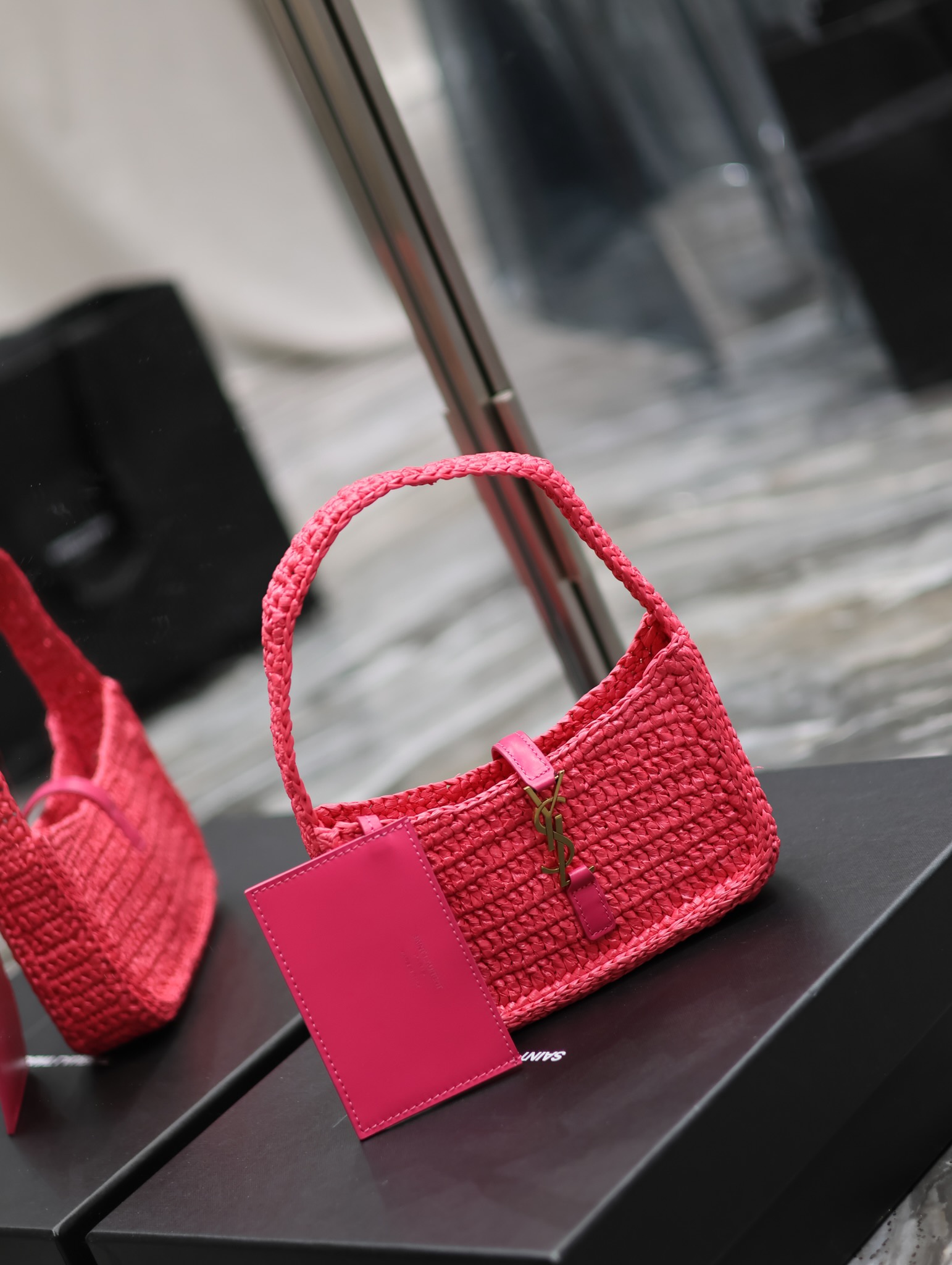 [TOP] Yves Saint Laurent YSL Le 5A7 Weave Shoulder Bag - Rose Red