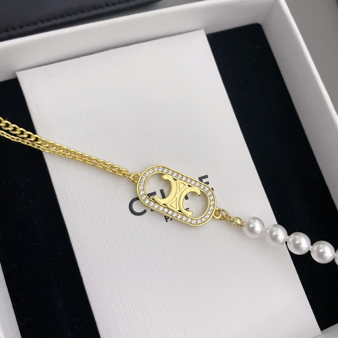 [TOP] CELINE C Side Metal & Pearl Chain Necklace