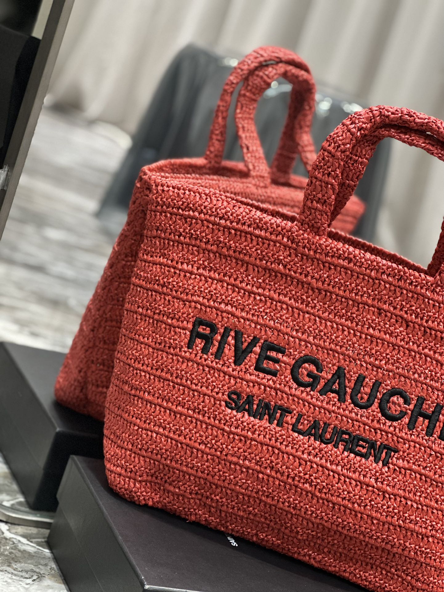 [TOP] Yves Saint Laurent YSL Rive Gauche Straw Tote Bag - Red