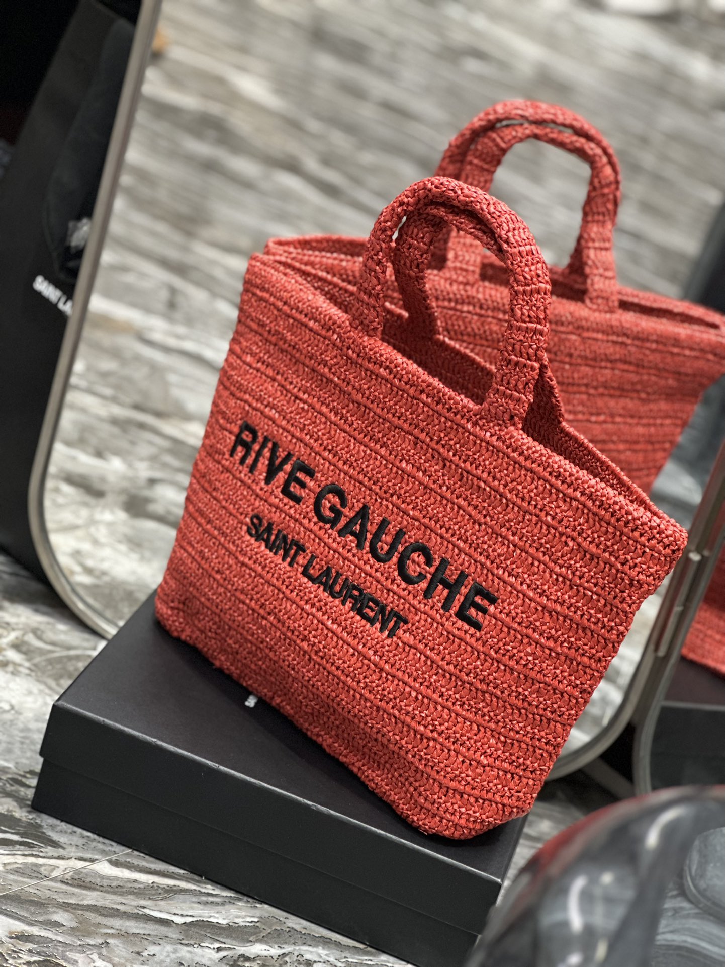 [TOP] Yves Saint Laurent YSL Rive Gauche Straw Tote Bag - Red