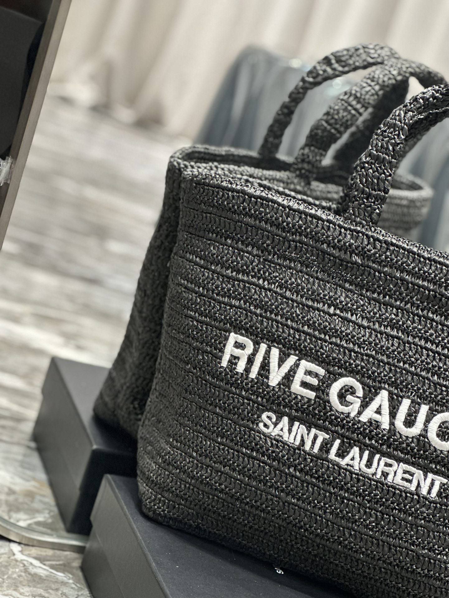 [TOP] Yves Saint Laurent YSL Rive Gauche Straw Tote Bag - Black