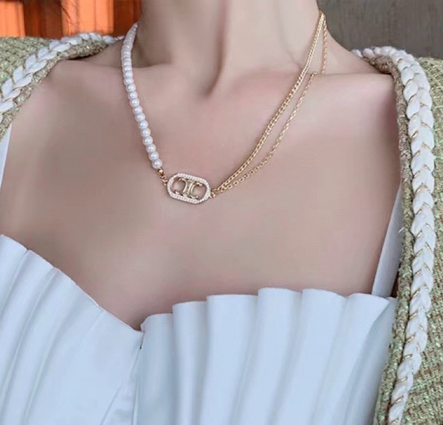 [TOP] CELINE C Side Metal & Pearl Chain Necklace