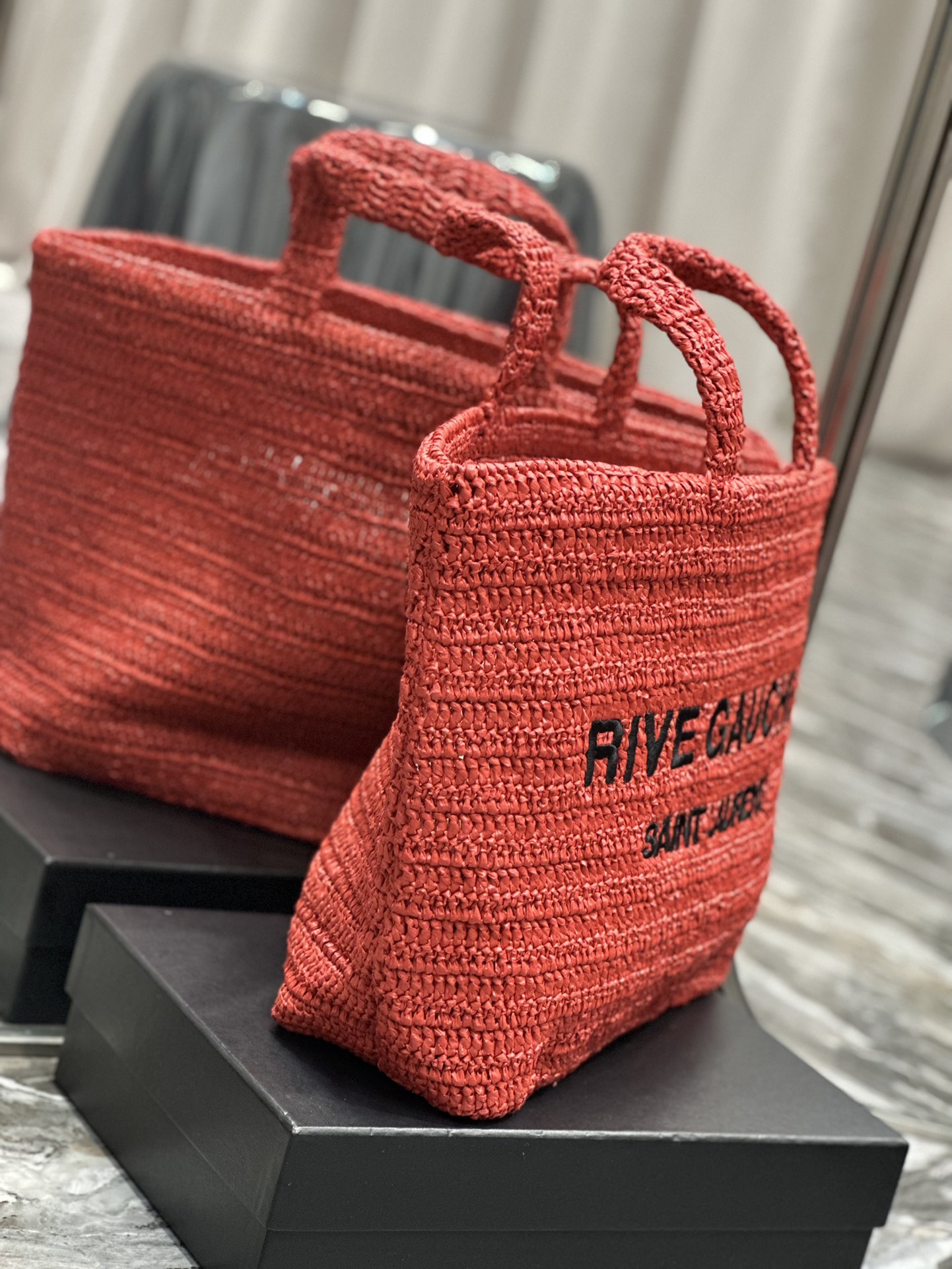 [TOP] Yves Saint Laurent YSL Rive Gauche Straw Tote Bag - Red