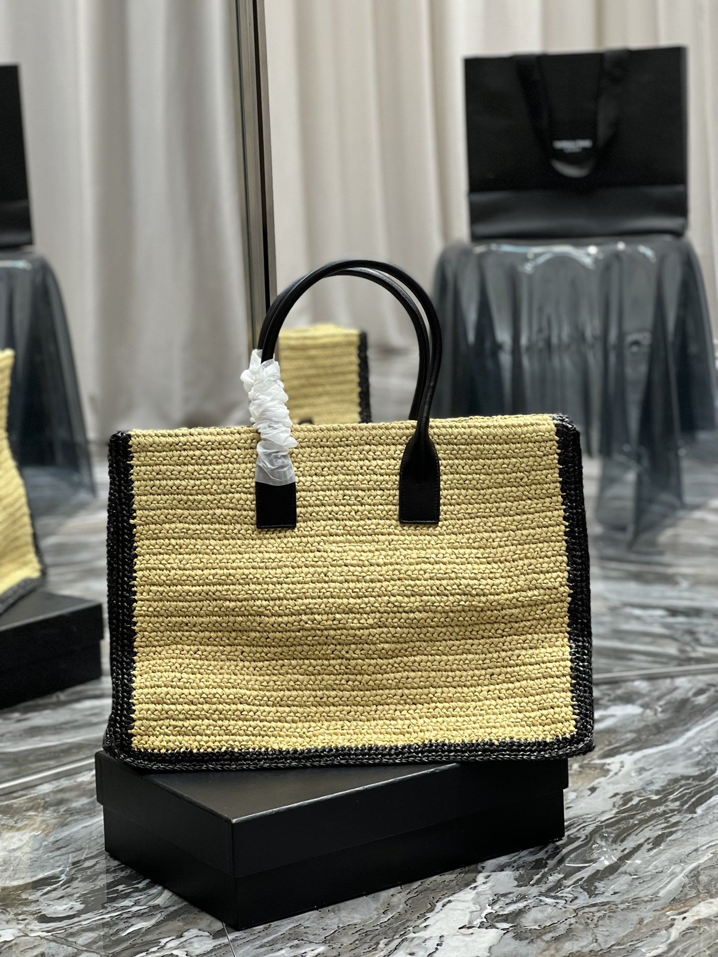 [TOP] Yves Saint Laurent YSL Rive Gauche Straw Tote Bag