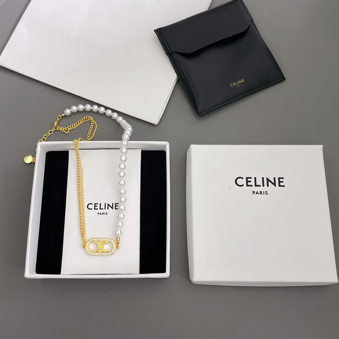[TOP] CELINE C Side Metal & Pearl Chain Necklace