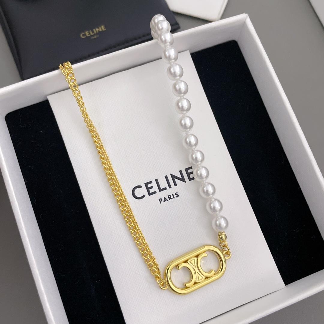[TOP] CELINE C Side Metal & Pearl Chain Necklace