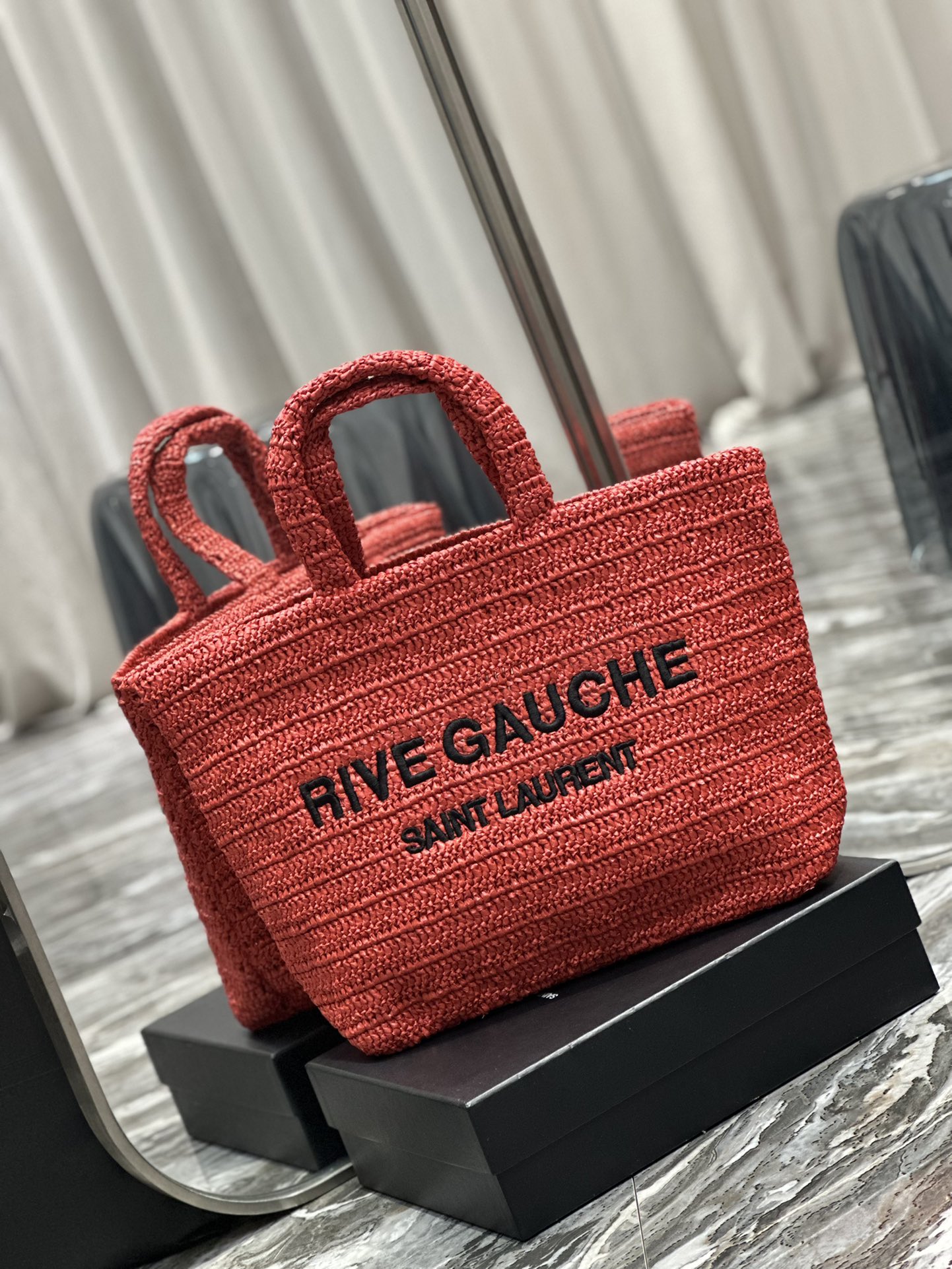 [TOP] Yves Saint Laurent YSL Rive Gauche Straw Tote Bag - Red