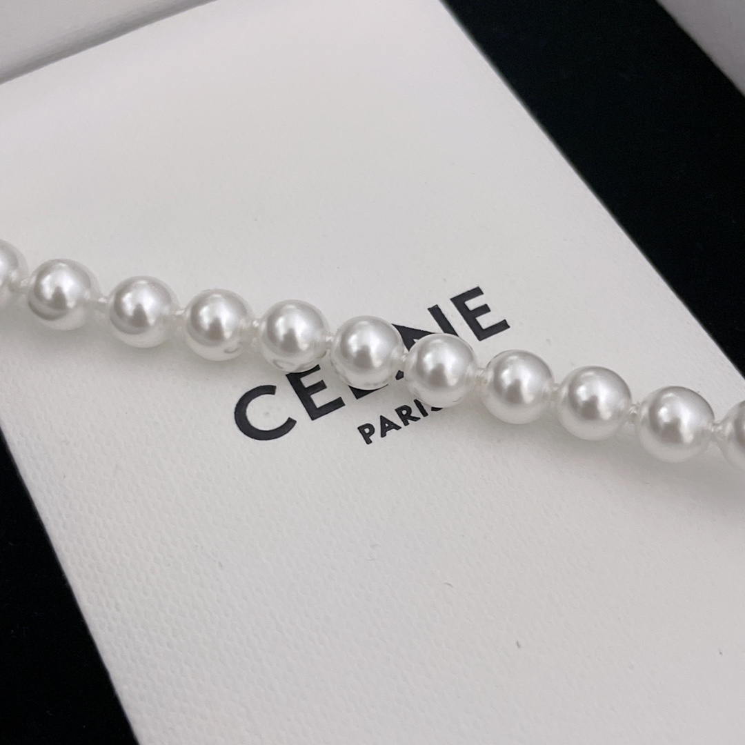 [TOP] CELINE C Side Metal & Pearl Chain Necklace