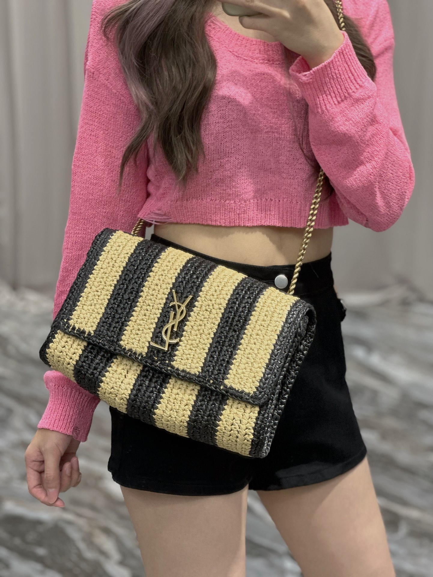 [TOP] Yves Saint Laurent YSL Kate Straw Woven Black Apricot Stripes Bag