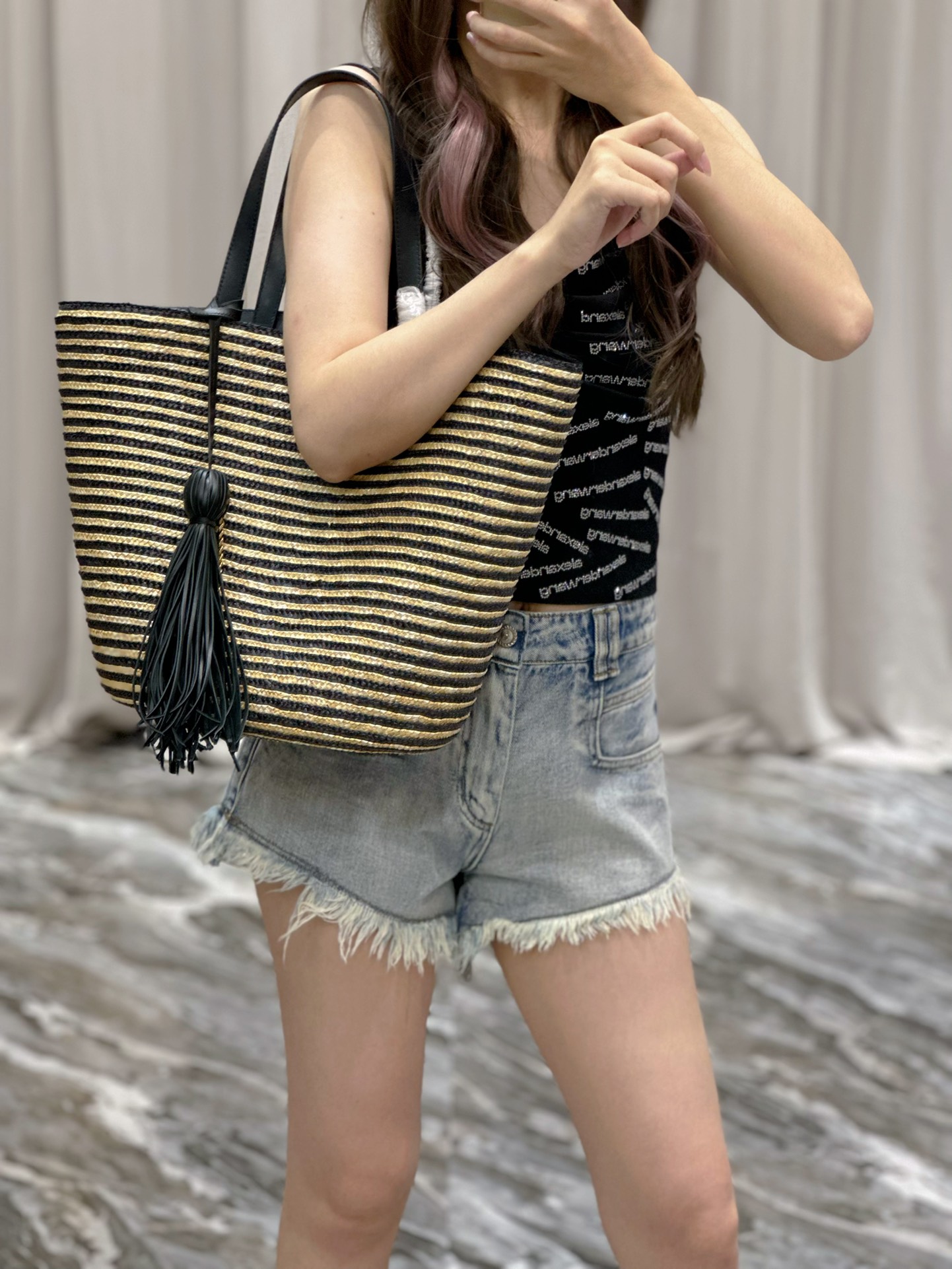 [TOP] Yves Saint Laurent YSL Black Apricot Stripes Straw Tote Bag