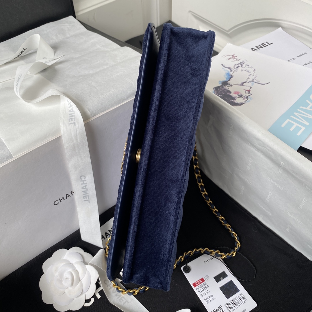 [TOP] CHANEL Classic Velvet  Sheepskin & Flannelette CF Small Size 11.5x23x4cm - Blue & SHW
