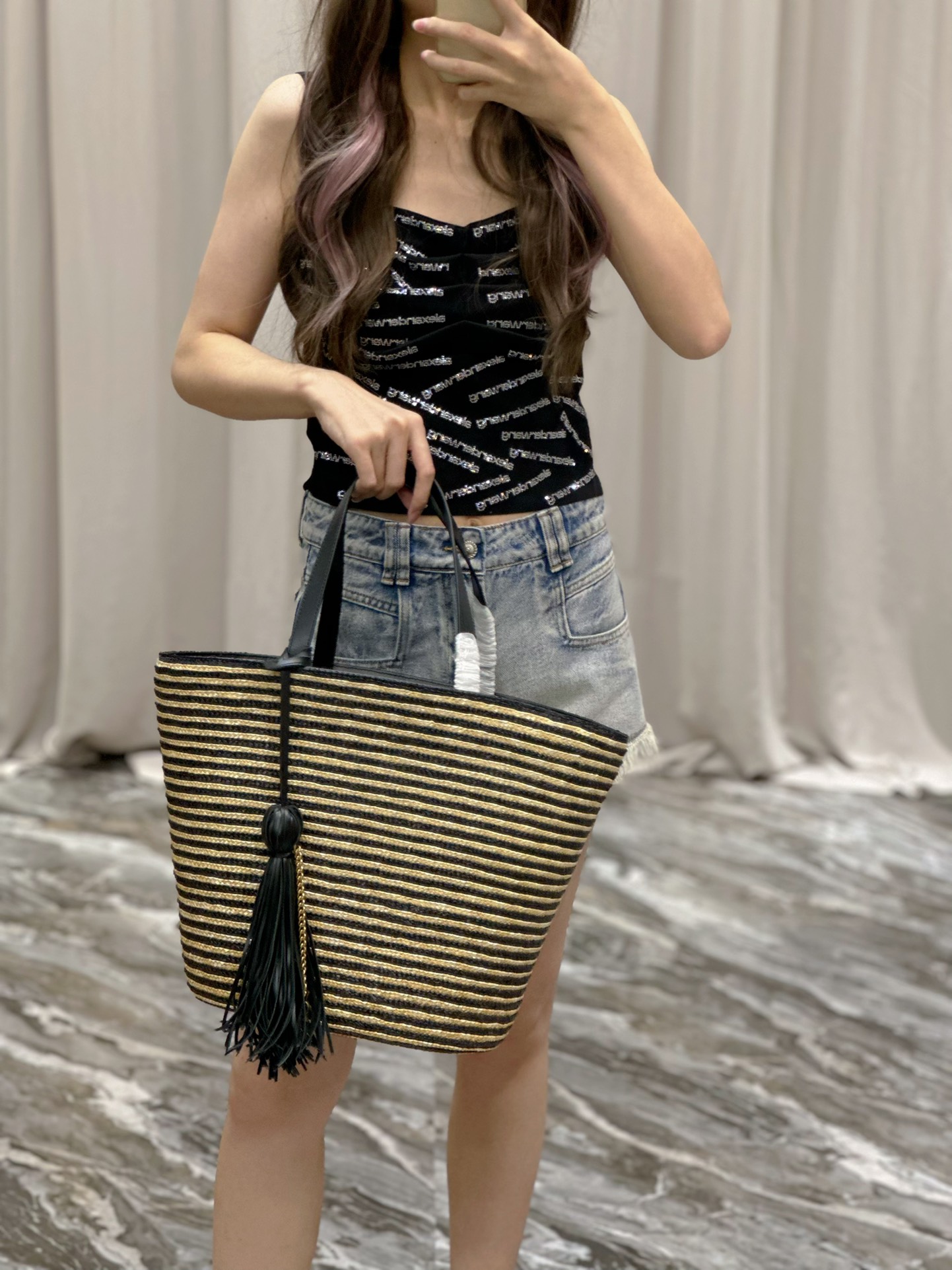 [TOP] Yves Saint Laurent YSL Black Apricot Stripes Straw Tote Bag