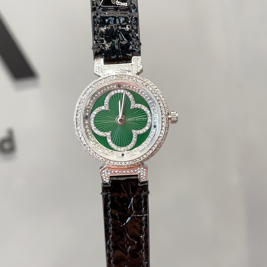 [TOP] Louis Vuitton LV Tambour Slim Monogram Lady Watch Leather 36mm - 4 Colours - Green Dial