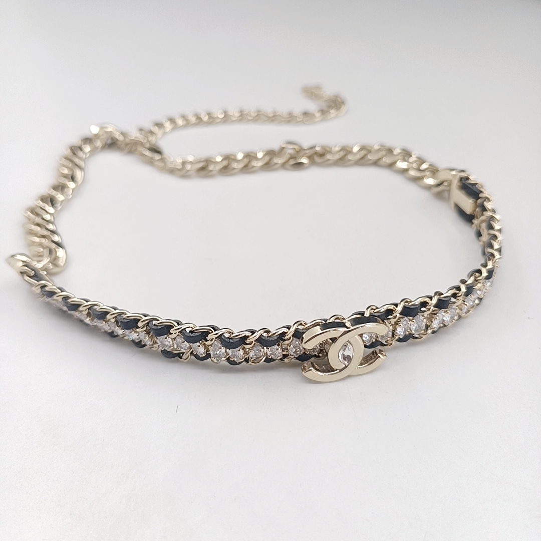 [TOP] CHANEL Black Leather Marquise Diamond Necklace