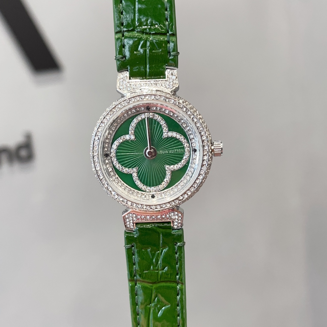 [TOP] Louis Vuitton LV Tambour Slim Monogram Lady Watch Leather 36mm - 4 Colours - Green Dial