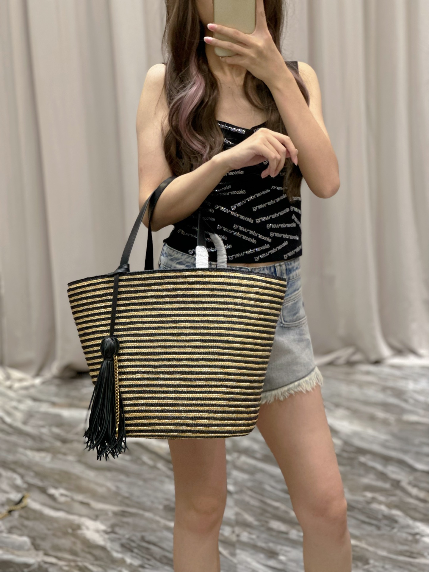 [TOP] Yves Saint Laurent YSL Black Apricot Stripes Straw Tote Bag