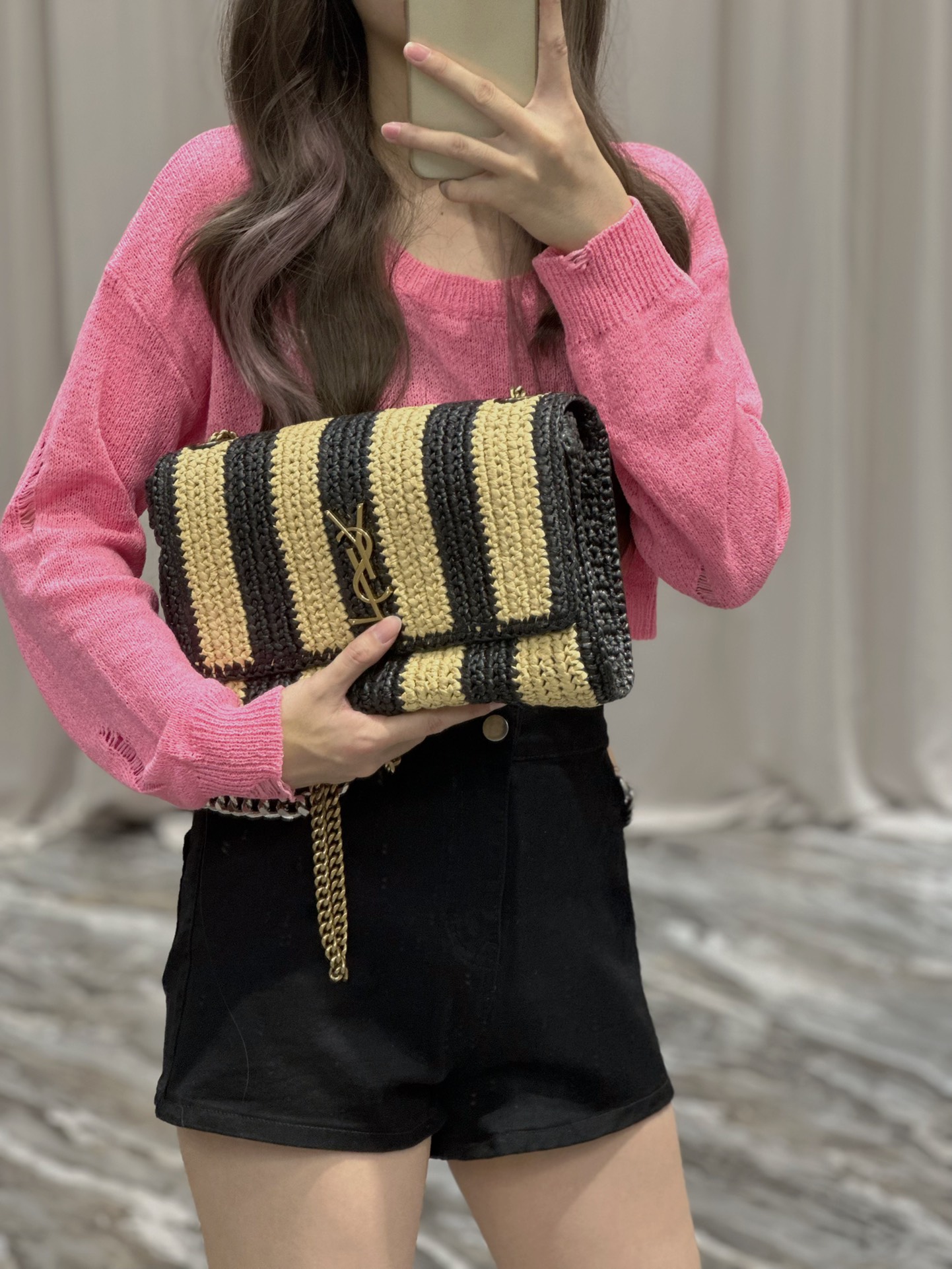 [TOP] Yves Saint Laurent YSL Kate Straw Woven Black Apricot Stripes Bag