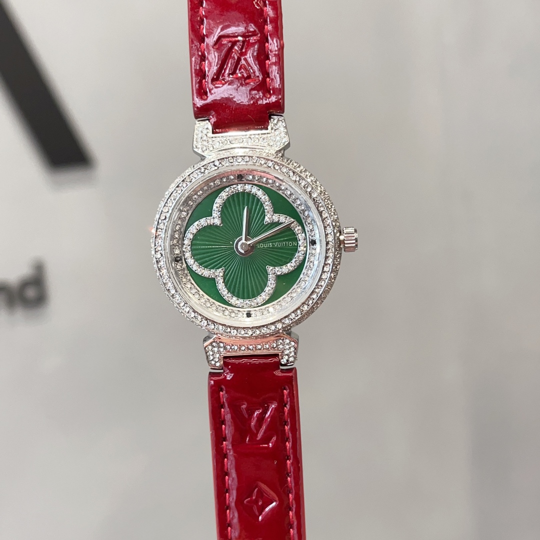 [TOP] Louis Vuitton LV Tambour Slim Monogram Lady Watch Leather 36mm - 4 Colours - Green Dial