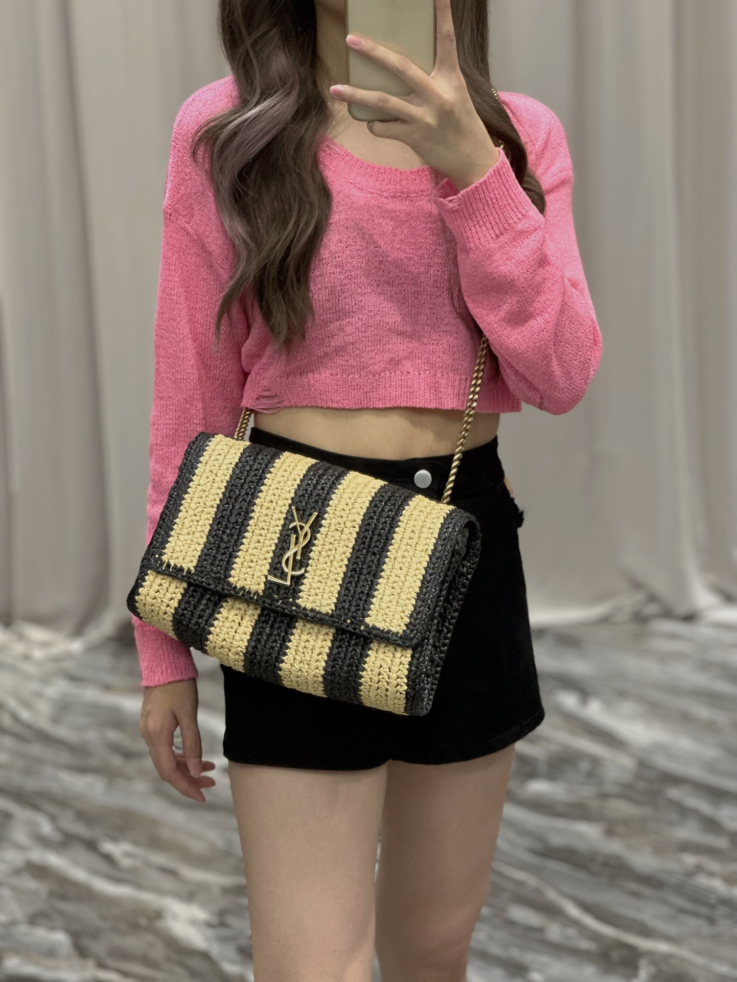 [TOP] Yves Saint Laurent YSL Kate Straw Woven Black Apricot Stripes Bag