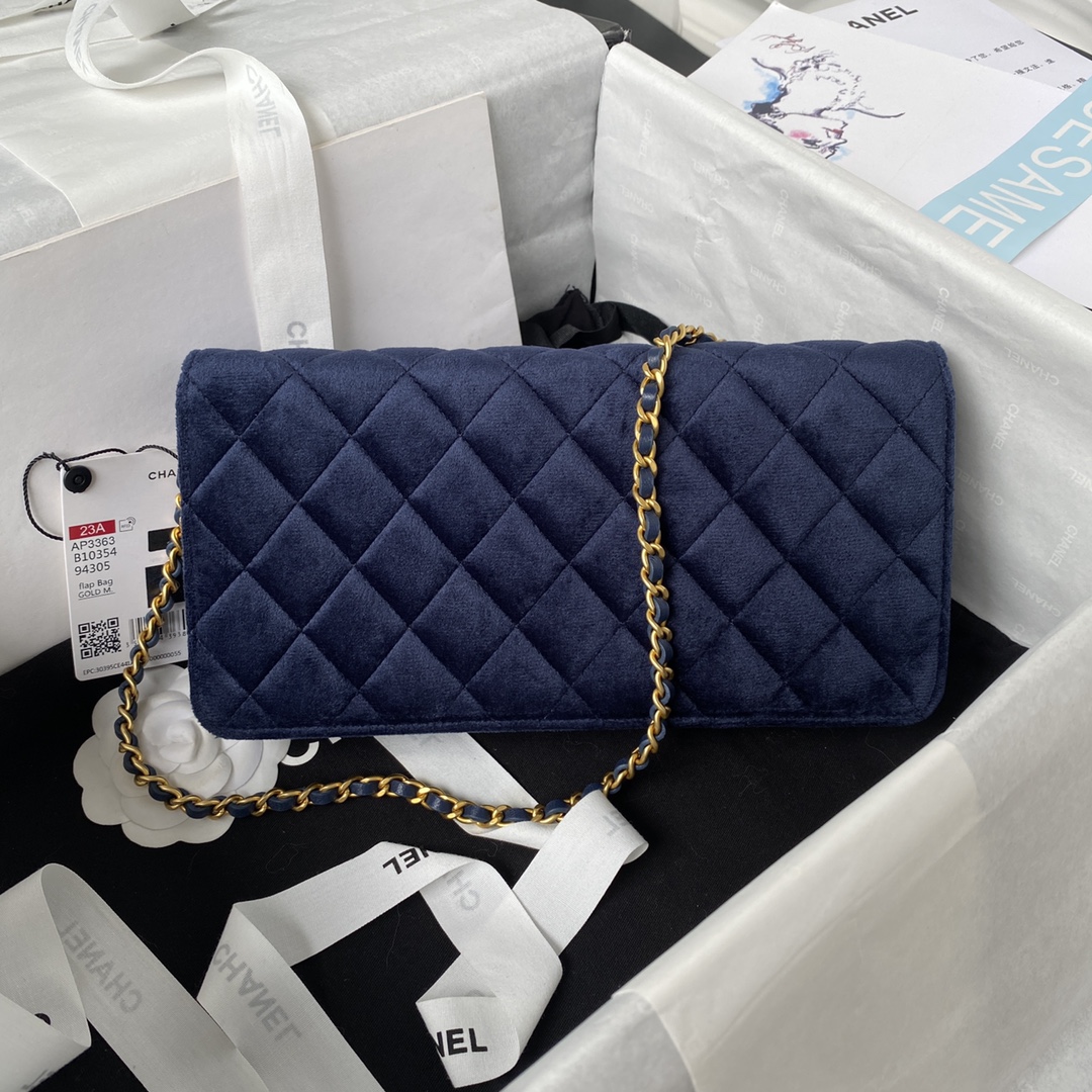 [TOP] CHANEL Classic Velvet  Sheepskin & Flannelette CF Small Size 11.5x23x4cm - Blue & SHW