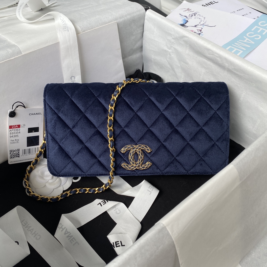 [TOP] CHANEL Classic Velvet  Sheepskin & Flannelette CF Small Size 11.5x23x4cm - Blue & SHW