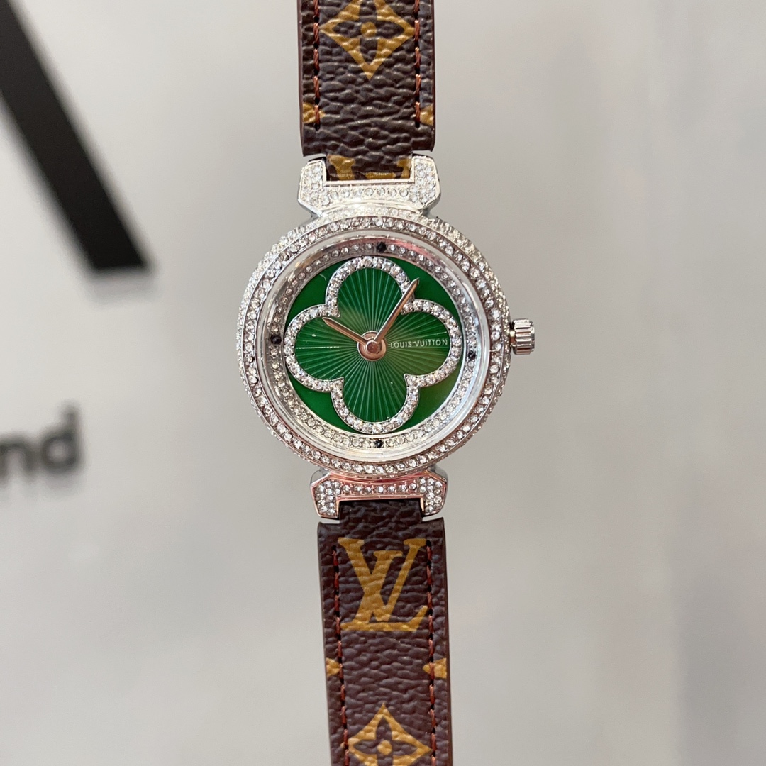 [TOP] Louis Vuitton LV Tambour Slim Monogram Lady Watch Leather 36mm - 4 Colours - Green Dial