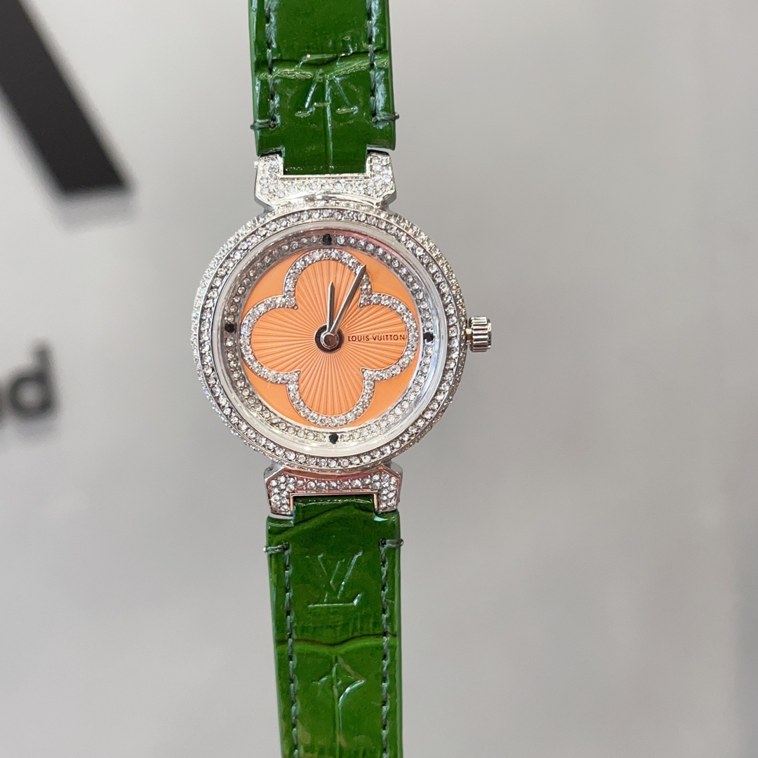 [TOP] Louis Vuitton LV Tambour Slim Monogram Lady Watch Leather 36mm - 5 Colours - Orange Dial