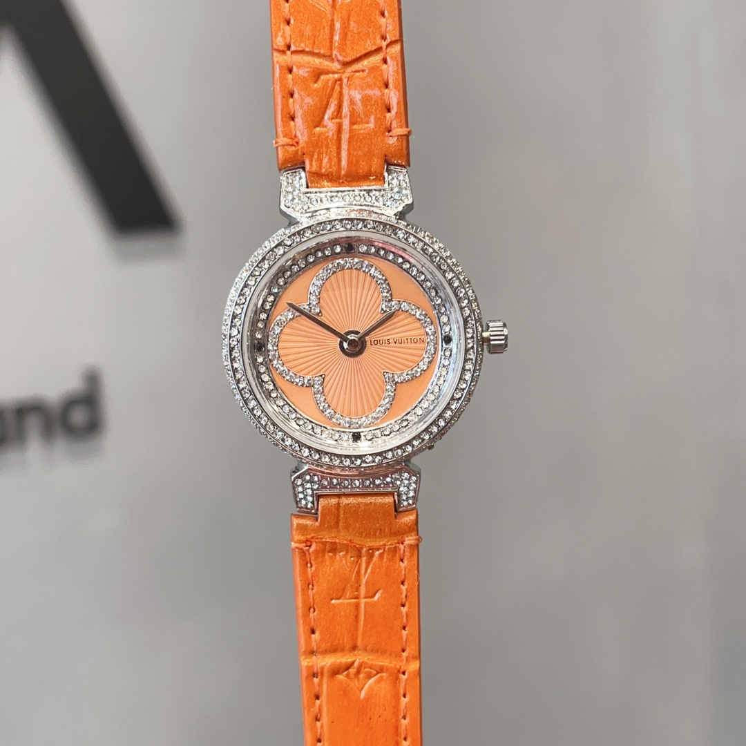 [TOP] Louis Vuitton LV Tambour Slim Monogram Lady Watch Leather 36mm - 5 Colours - Orange Dial