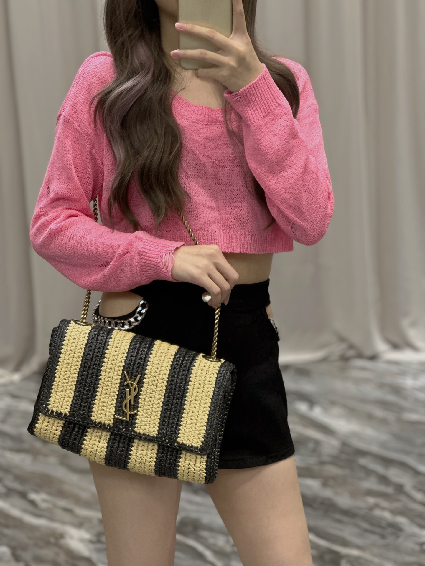 [TOP] Yves Saint Laurent YSL Kate Straw Woven Black Apricot Stripes Bag