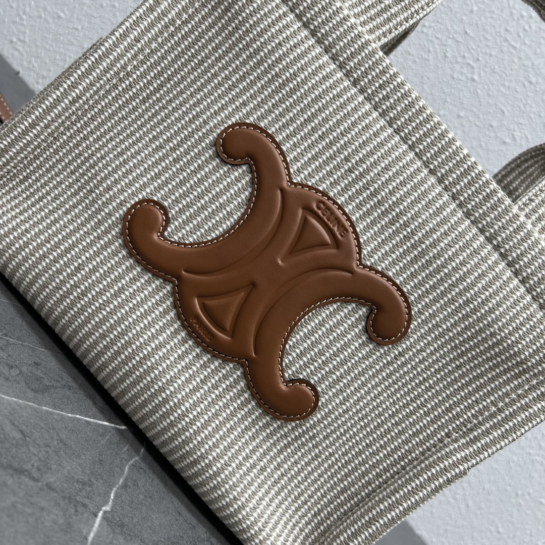 [TOP] CELINE FOLCO Striped Fabric Bag 26×19×13 cm - Yellowish Brown