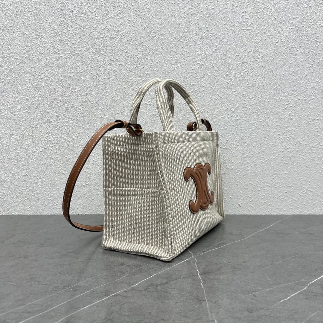 [TOP] CELINE FOLCO Striped Fabric Bag 26×19×13 cm - Yellowish Brown