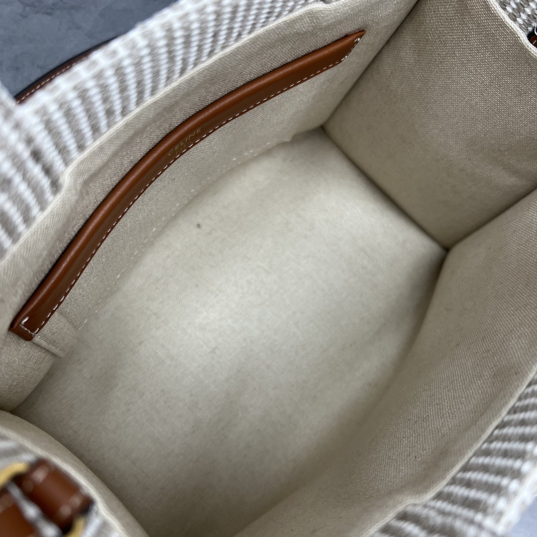 [TOP] CELINE FOLCO Striped Fabric Bag 26×19×13 cm - Yellowish Brown