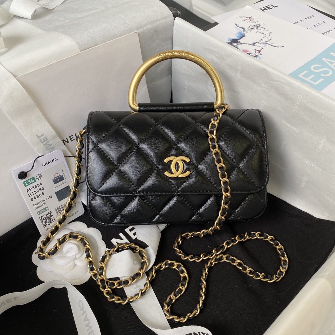 [TOP] CHANEL Metal Bracelet Flip Phone Trendy Bag Raised Logo 9 × 17.2 × 3.5 cm - Black
