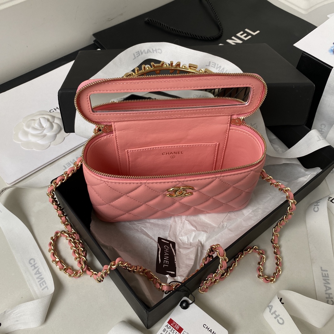 [TOP] CHANEL Vanity Case New Top Handle w Logo Lambskin 17*9.5*8cm - Red