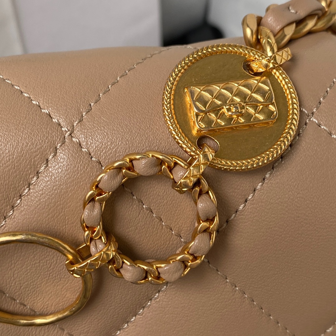 [TOP] CHANEL Classic Gold Coin Flab Bag Lambskin 13X17X6cm - Brown & GHW