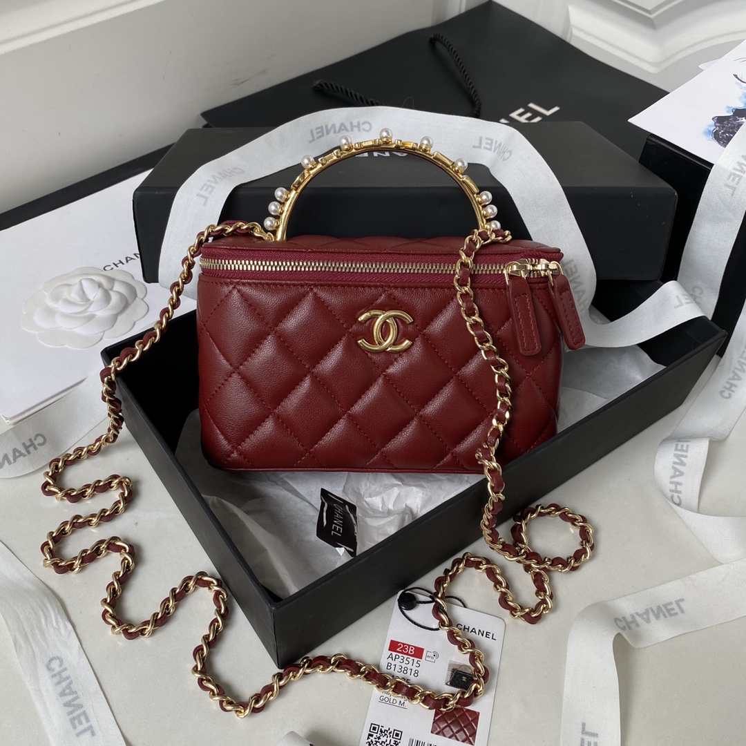 [TOP] CHANEL Vanity Case New Top Handle w Logo Lambskin 17*9.5*8cm - Dark Red