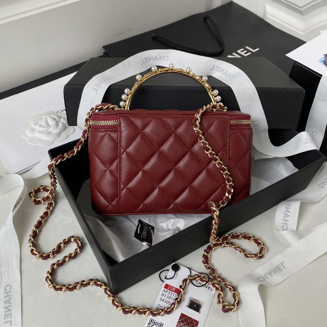 [TOP] CHANEL Vanity Case New Top Handle w Logo Lambskin 17*9.5*8cm - Dark Red