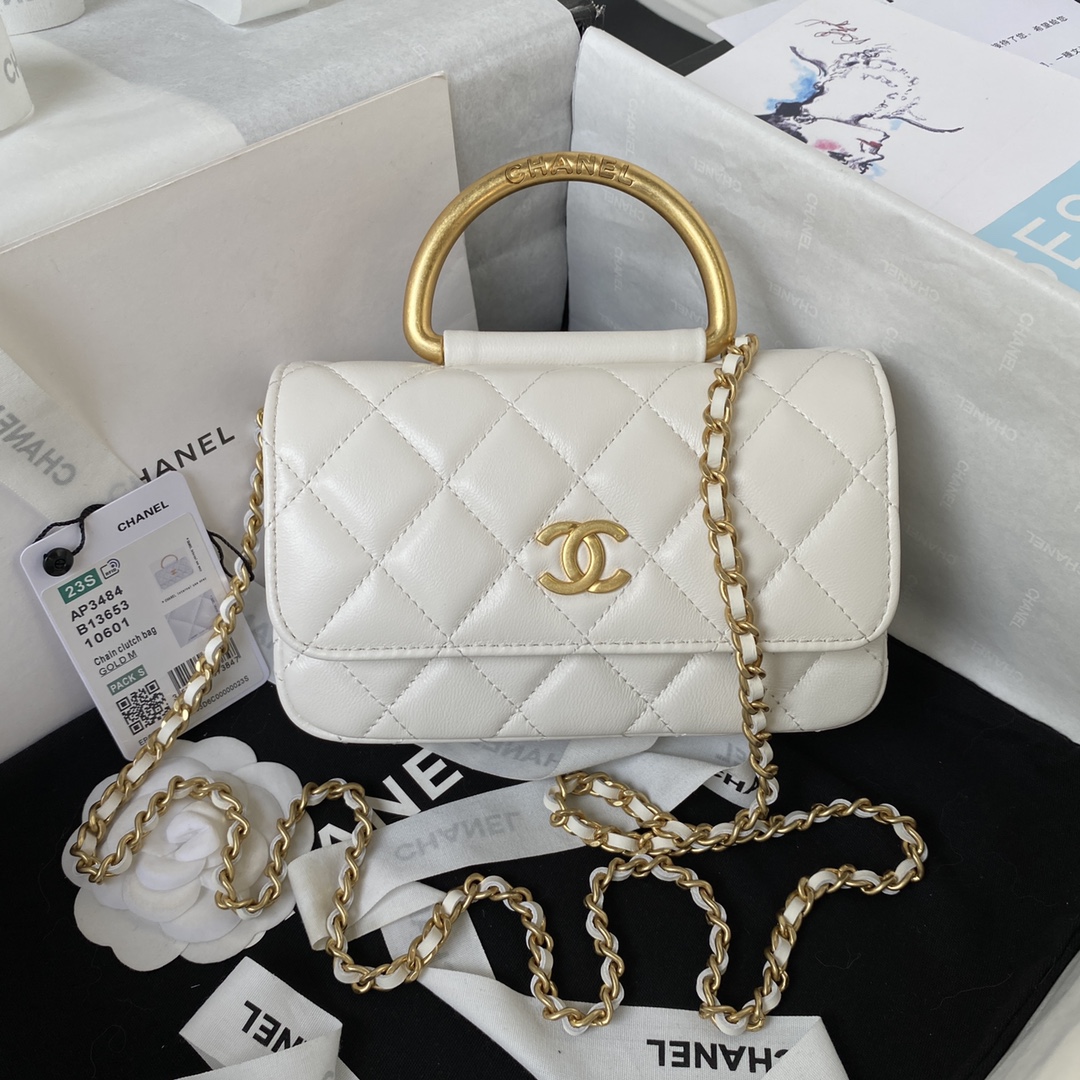 [TOP] CHANEL Metal Bracelet Flip Phone Trendy Bag Raised Logo 9 × 17.2 × 3.5 cm - White
