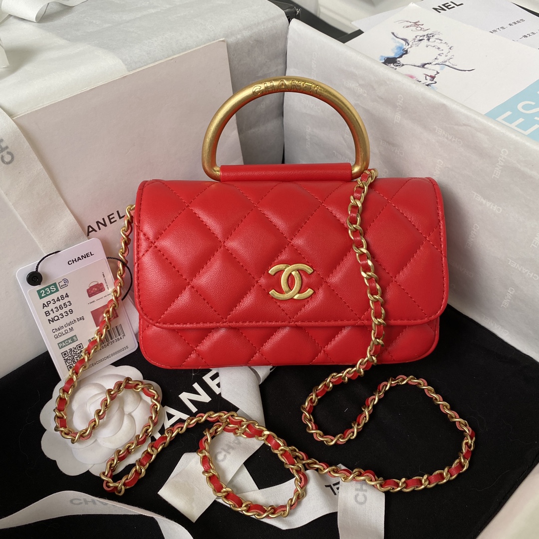 [TOP] CHANEL Metal Bracelet Flip Phone Trendy Bag Raised Logo 9 × 17.2 × 3.5 cm - Red
