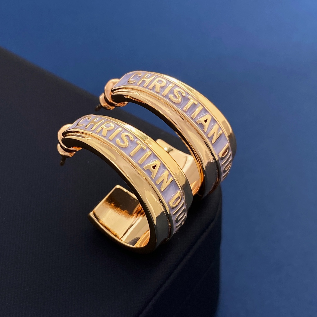 [TOP] Christian Dior Letter Light Purple Drop Oil C Open-Shaped Earrings - Rose Gold