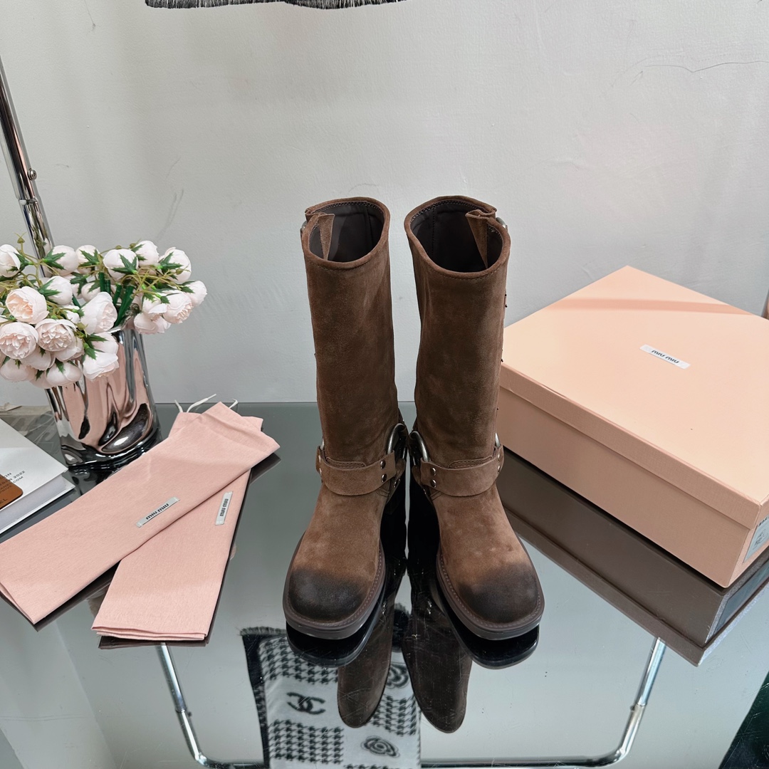 [TOP] Miu Miu Retro Western Catwalk Motorcycle High Boots - 3 Colors - Suede with 4 Buckles