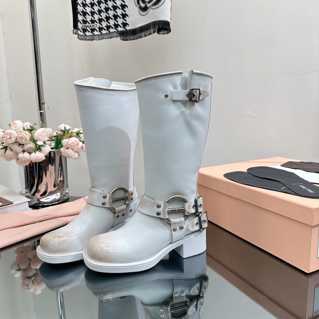 [TOP] Miu Miu Retro Western Catwalk Motorcycle High Boots - 3 Colors - Waxed Calfskin with 1 Buckle