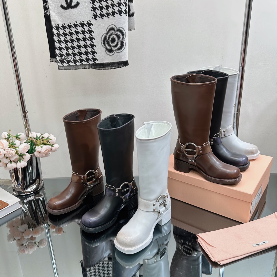 [TOP] Miu Miu Retro Western Catwalk Motorcycle High Boots - 3 Colors - Waxed Calfskin with 4 Buckles
