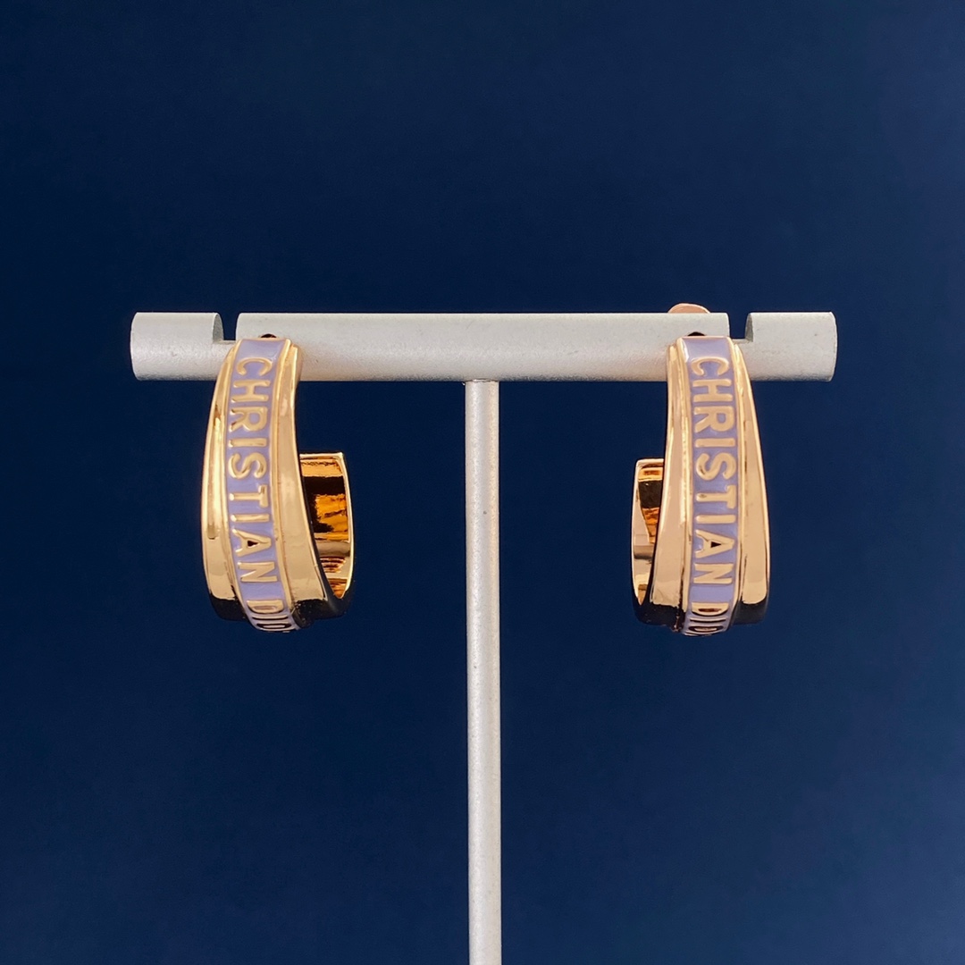 [TOP] Christian Dior Letter Light Purple Drop Oil C Open-Shaped Earrings - Rose Gold