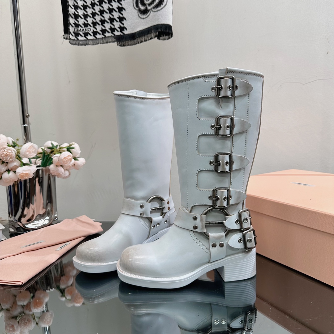 [TOP] Miu Miu Retro Western Catwalk Motorcycle High Boots - 3 Colors - Waxed Calfskin with 4 Buckles