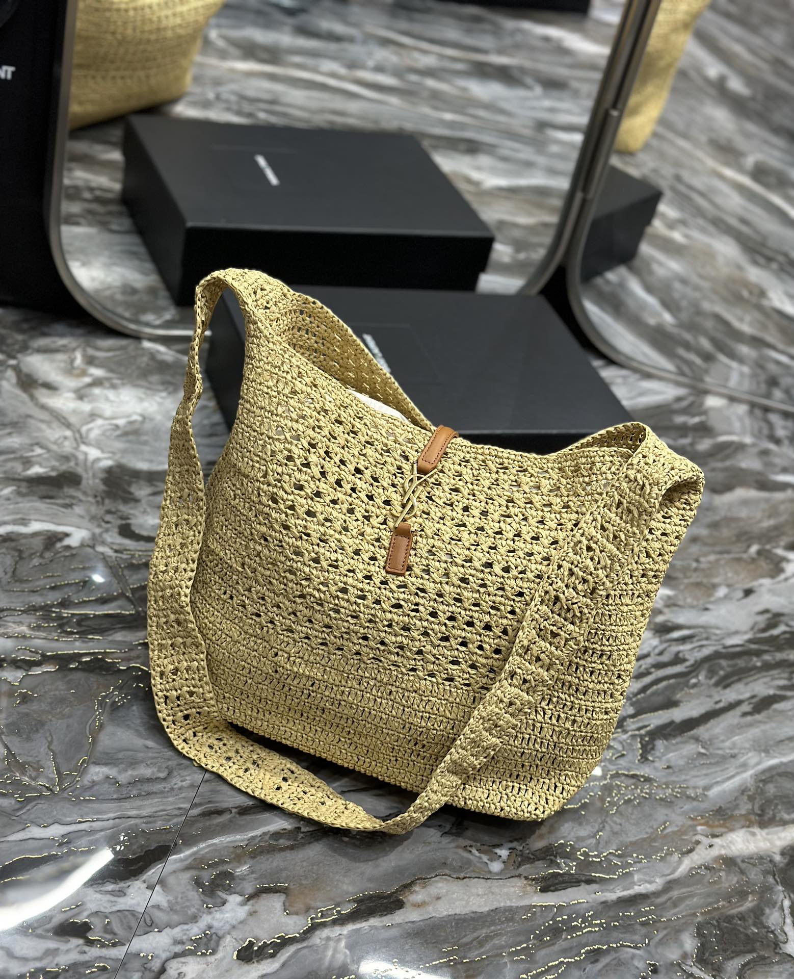 [TOP] Yves Saint Laurent YSL HOBO RAFFIA Handwoven Bag 30 × 37 × 14 cm - Khaki