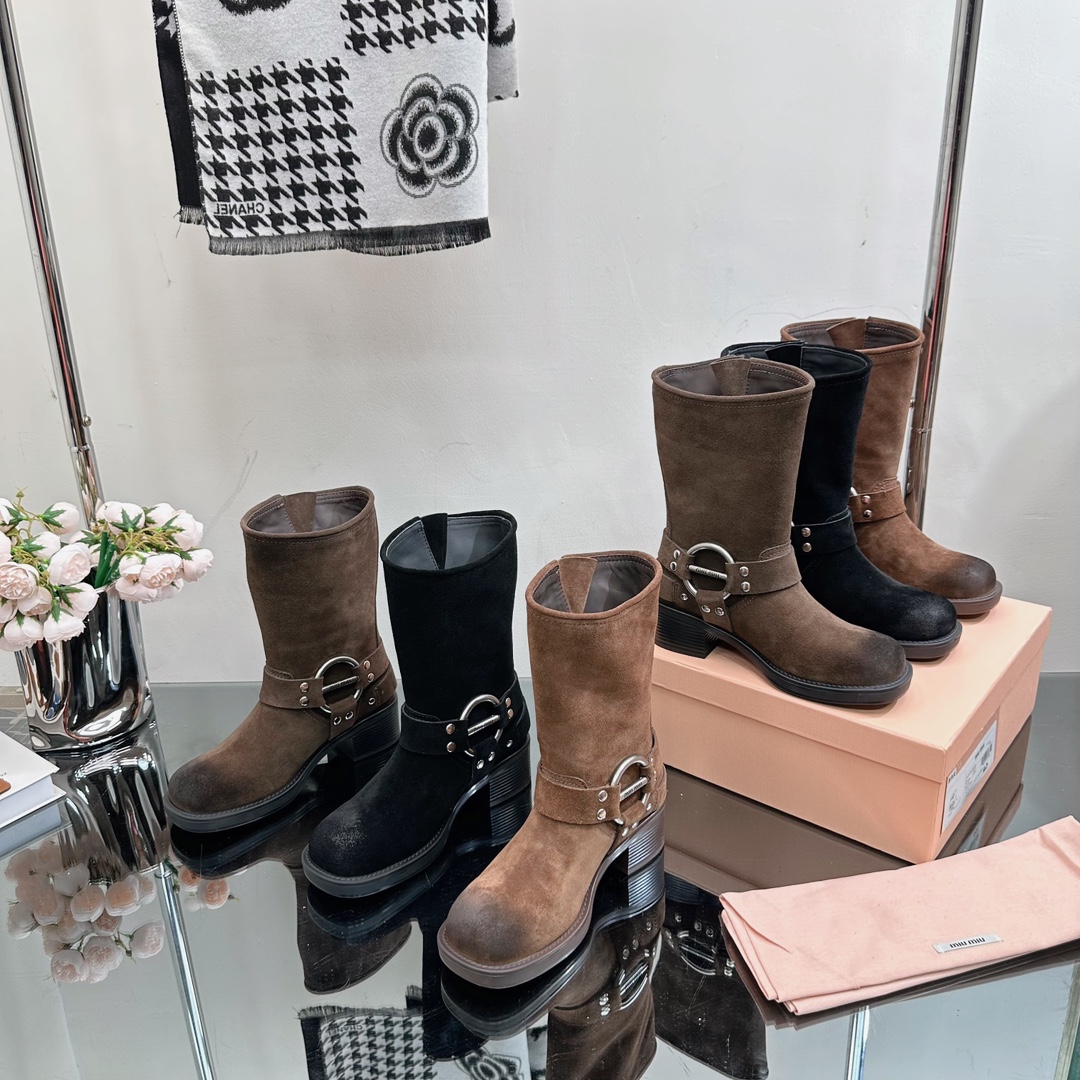 [TOP] Miu Miu Retro Western Catwalk Motorcycle Middle Boots - 3 Colors - Suede with 1 Buckle