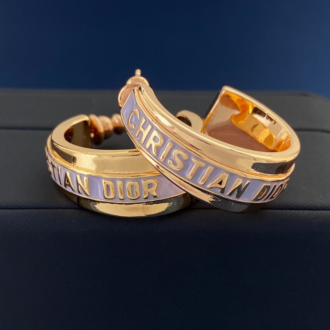 [TOP] Christian Dior Letter Light Purple Drop Oil C Open-Shaped Earrings - Rose Gold