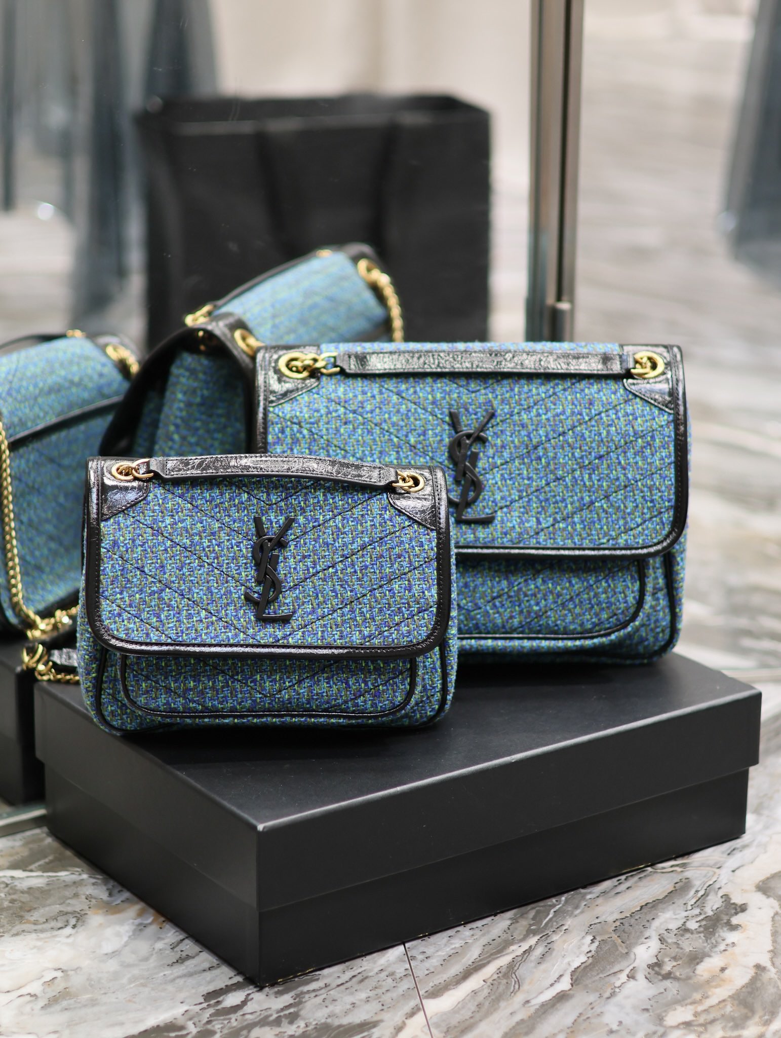 [TOP] Yves Saint Laurent YSL Niki Tweed with Leather Bag - Blue Tweed